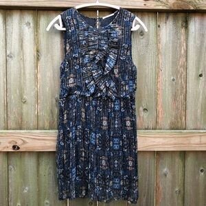 Amen Silk Ruffle Mini Dress Size S Dark Floral Metallic Button Print